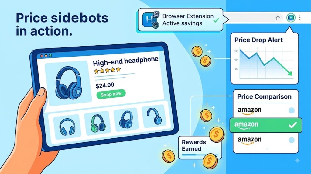 A shopping extension panel showing coupon discovery, price comparison, price tracking and rewards alongside an order