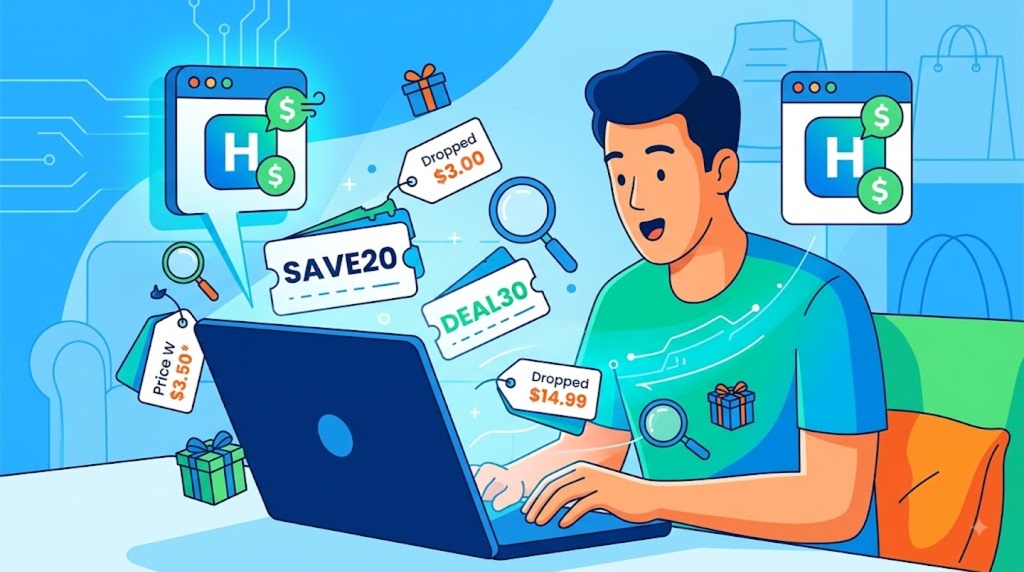 A shopper at a laptop checkout page with coupon, price-comparison and rewards icons floating above the screen